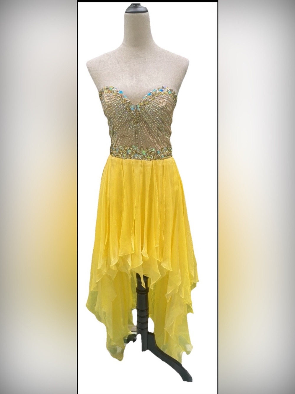 Sherri Hill Yellow High Low Dress/Gown Encrusted W/ Beads Rhinestones Sz 4